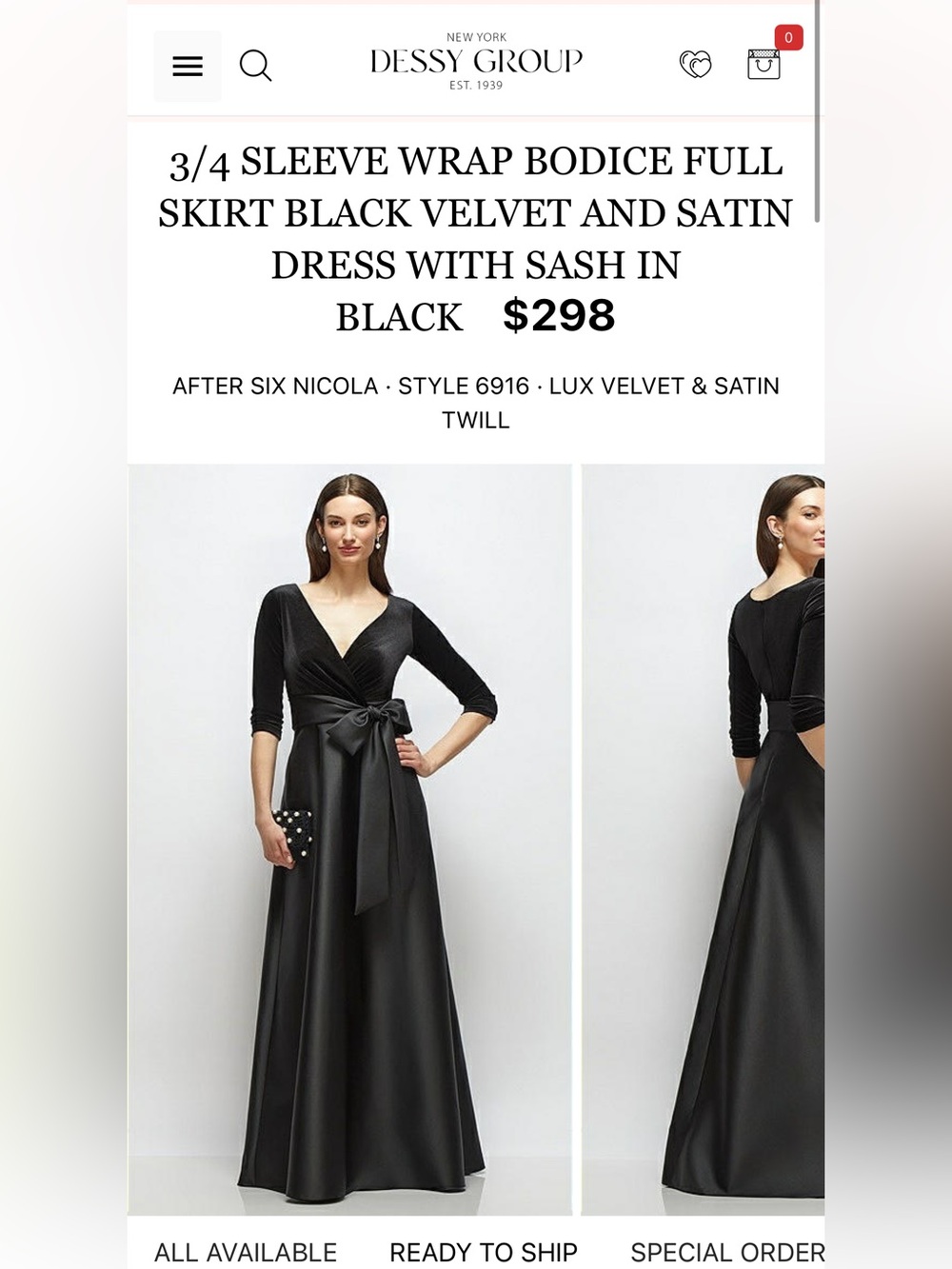 After Six Black Velvet Bodice Satin Full-Length Wrap Dress with Sash